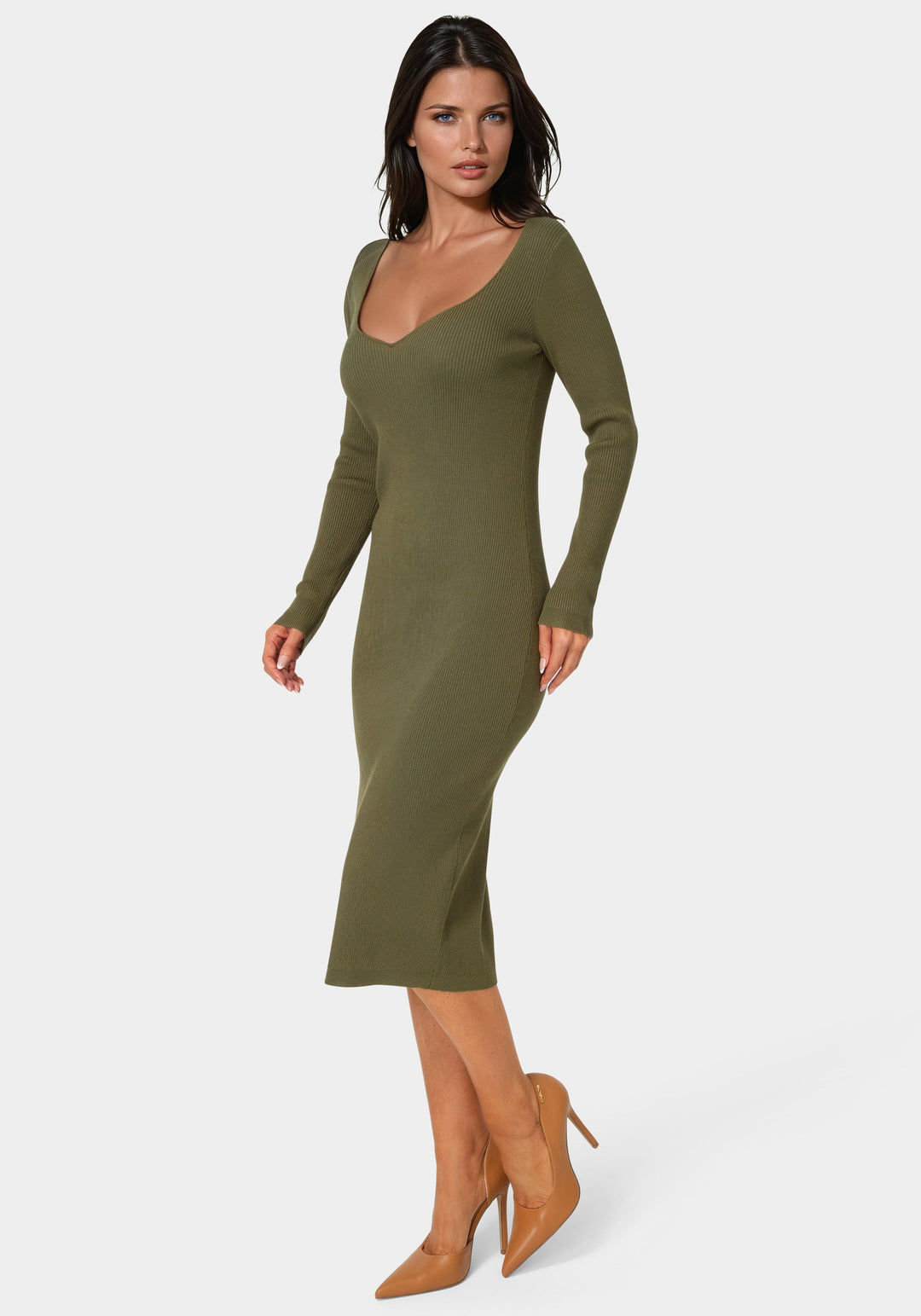 Side View-Long Sleeve V-Neck Midi Sweater Dress-OLIVE