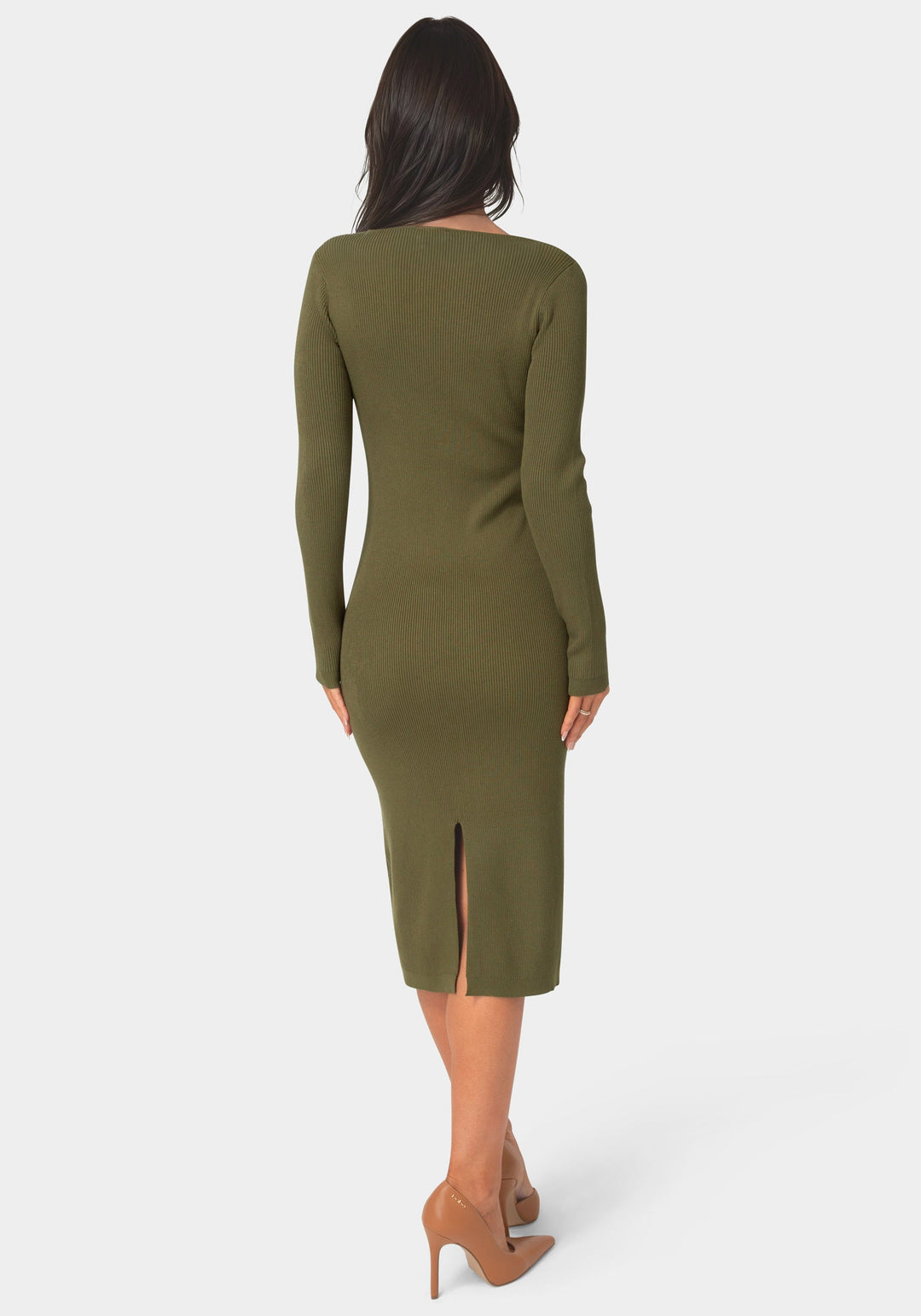 Back View-Long Sleeve V-Neck Midi Sweater Dress-OLIVE