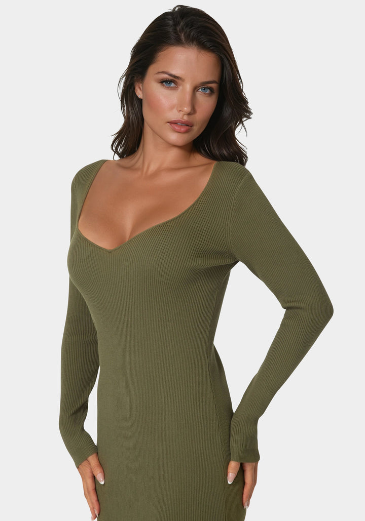 Other View-Long Sleeve V-Neck Midi Sweater Dress-OLIVE