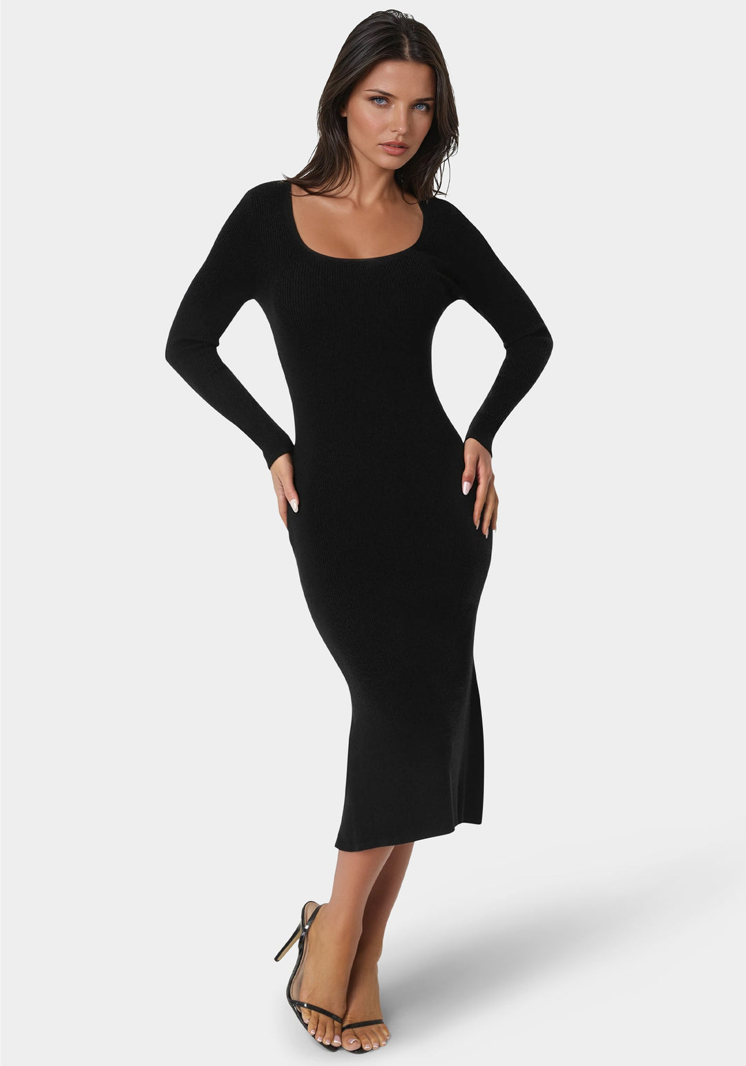 Front View-Long Sleeve Scoop Neck Sweater Midi Dress-BLACK