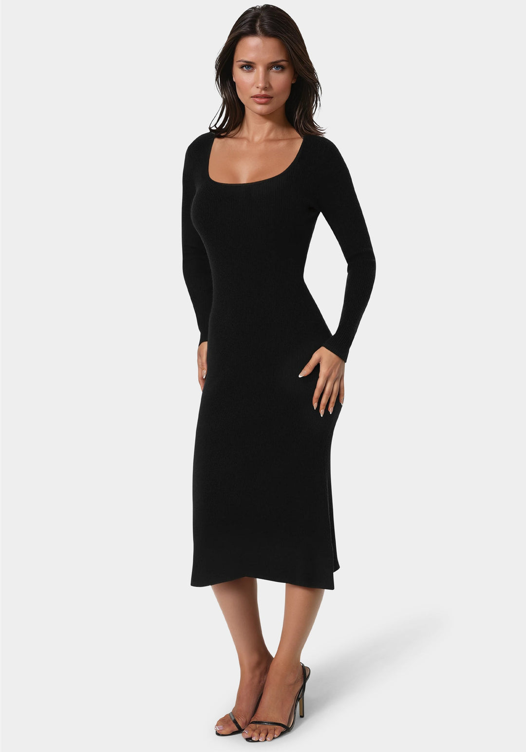 Side View-Long Sleeve Scoop Neck Sweater Midi Dress-BLACK