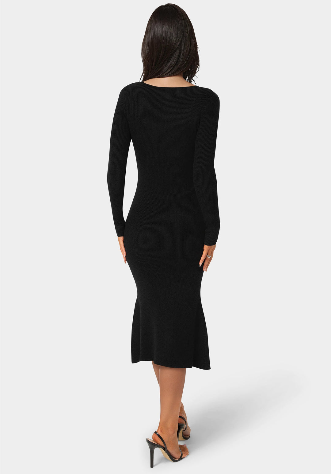 Back View-Long Sleeve Scoop Neck Sweater Midi Dress-BLACK