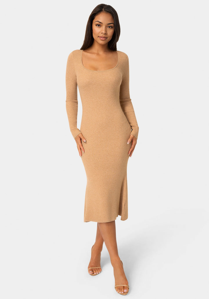 Front View-Long Sleeve Scoop Neck Sweater Midi Dress-CAMEL