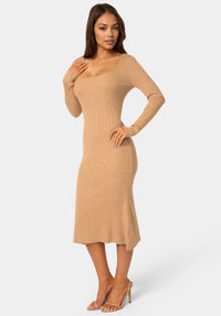 Side View-Long Sleeve Scoop Neck Sweater Midi Dress-CAMEL