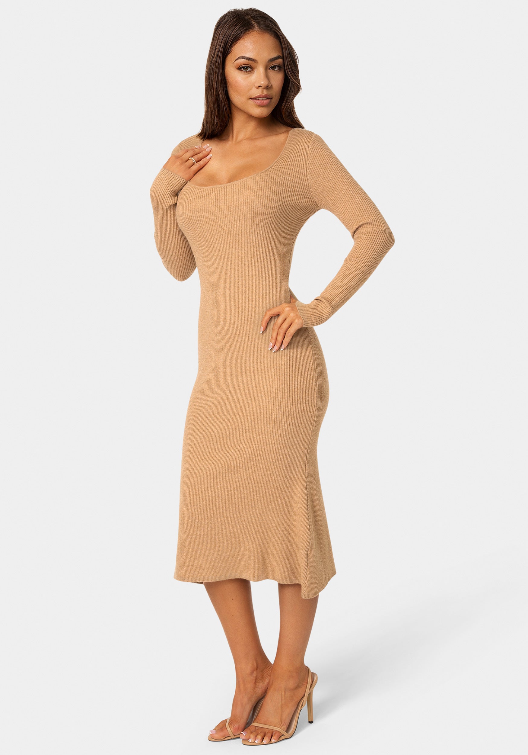 Side View-Long Sleeve Scoop Neck Sweater Midi Dress-CAMEL