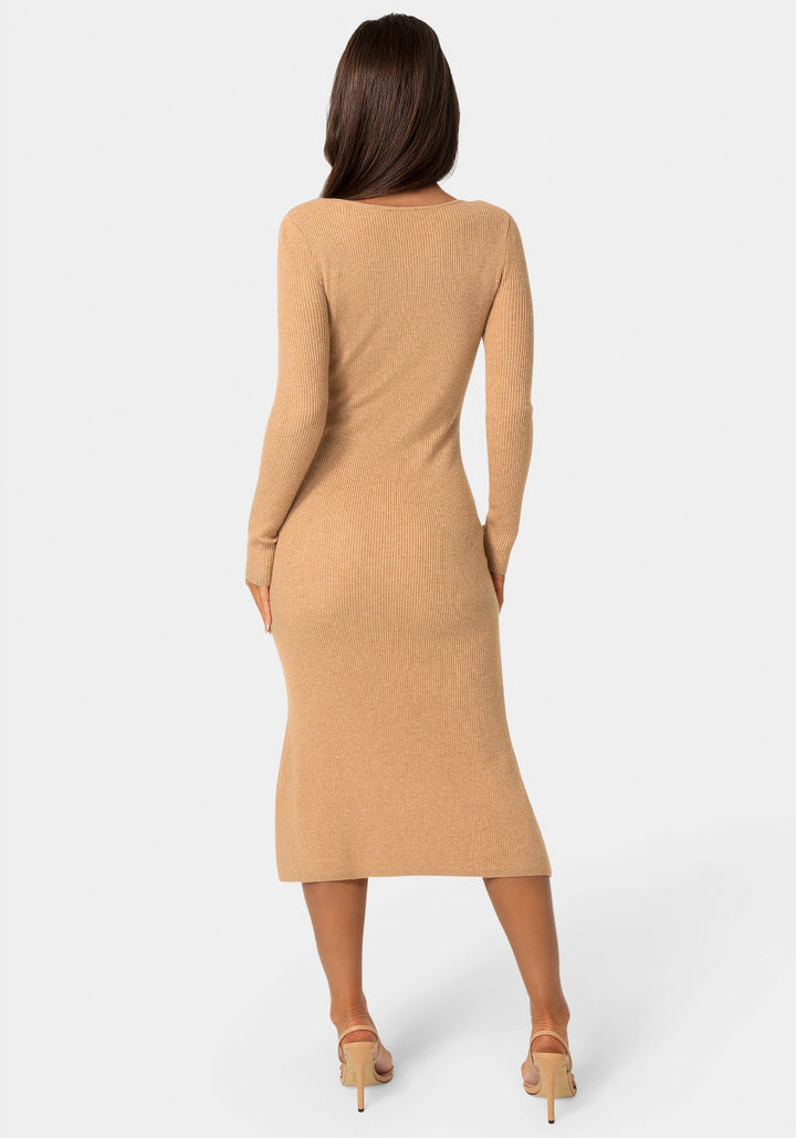 Back View-Long Sleeve Scoop Neck Sweater Midi Dress-CAMEL