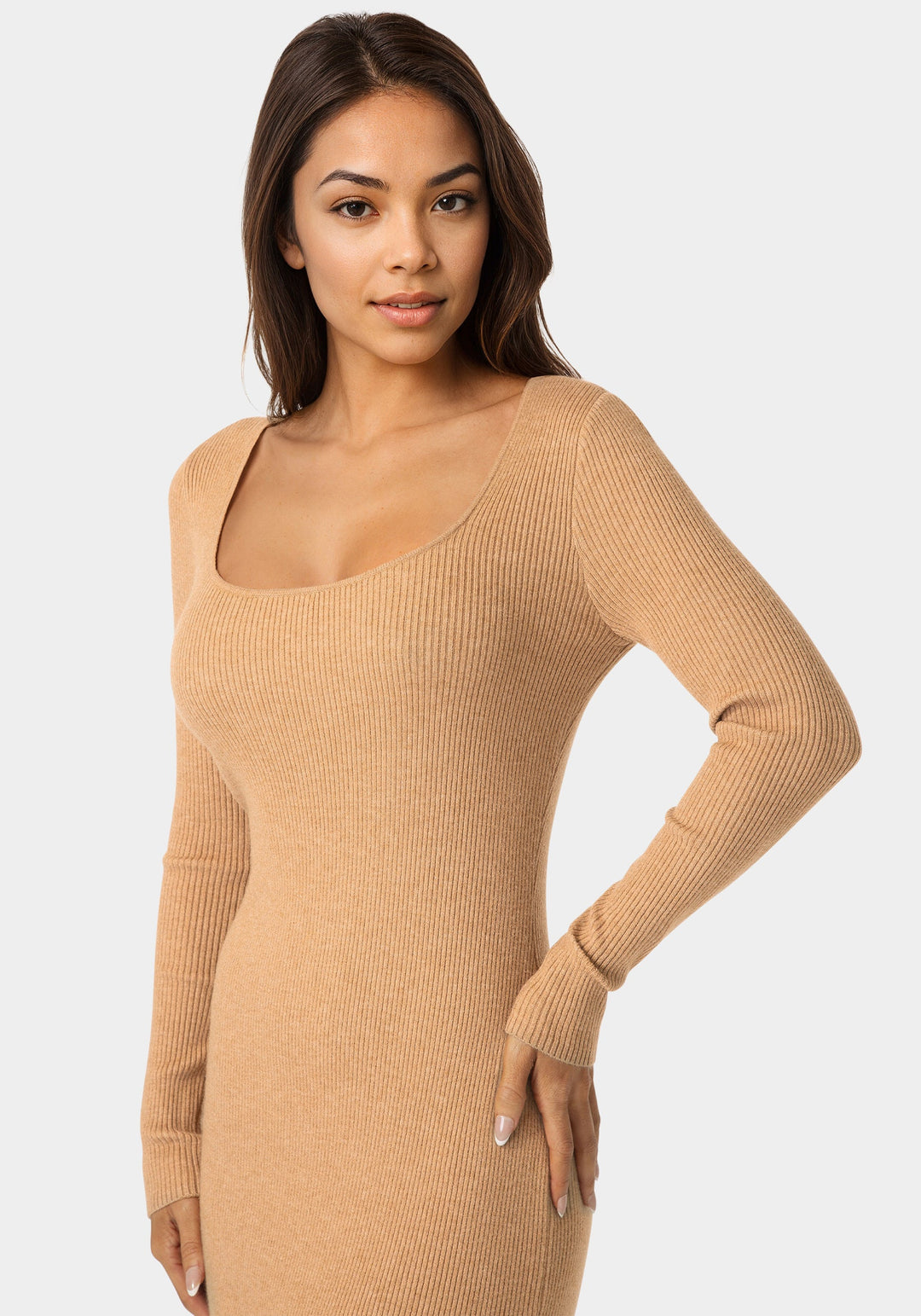 Other View-Long Sleeve Scoop Neck Sweater Midi Dress-CAMEL