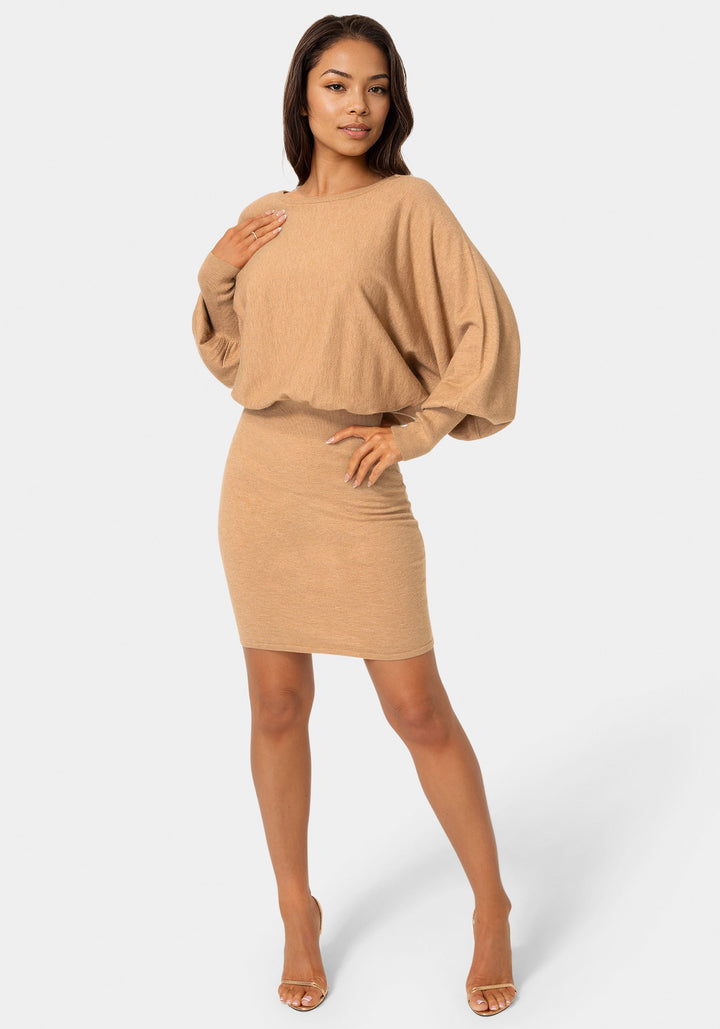 Front View-Scoop Neck Blouson Sweater Midi Dress-CAMEL