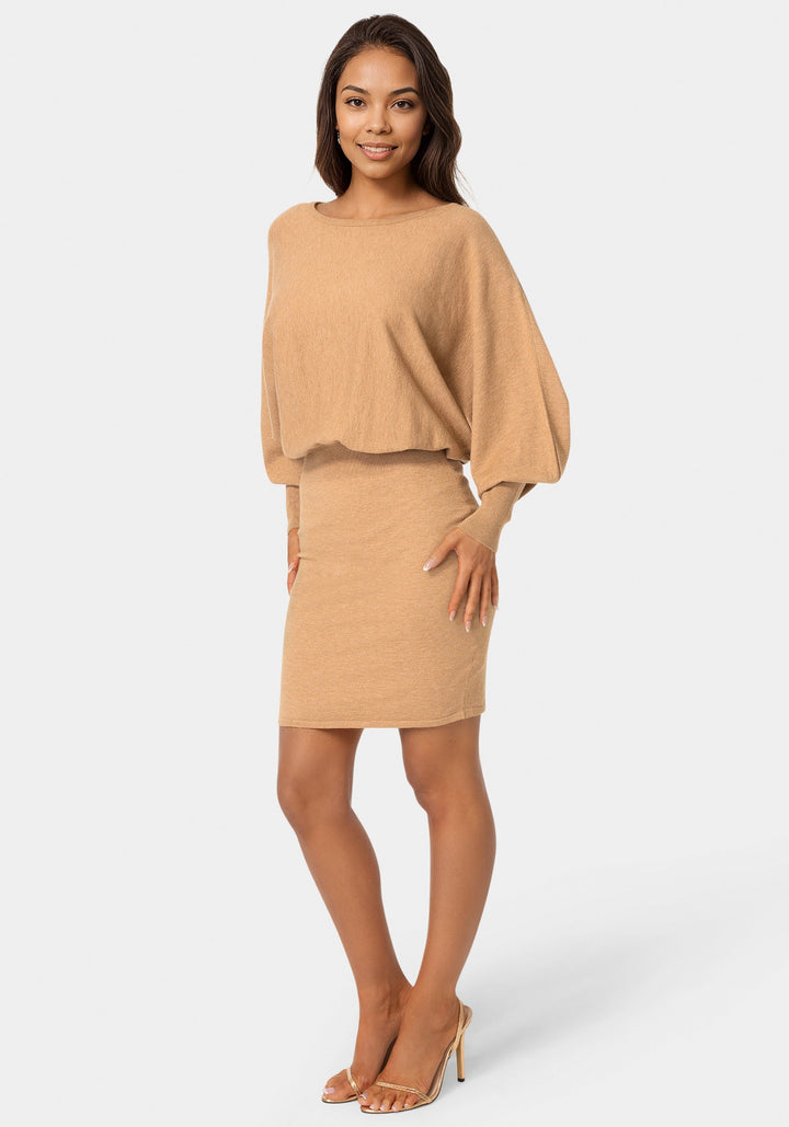 Side View-Scoop Neck Blouson Sweater Midi Dress-CAMEL