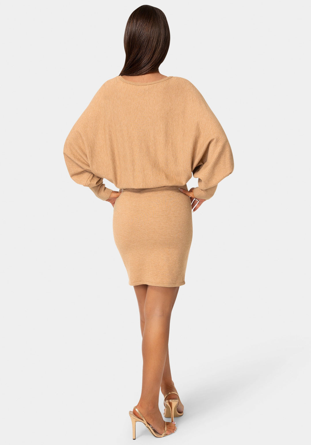Back View-Scoop Neck Blouson Sweater Midi Dress-CAMEL
