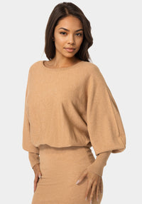 Other View-Scoop Neck Blouson Sweater Midi Dress-CAMEL