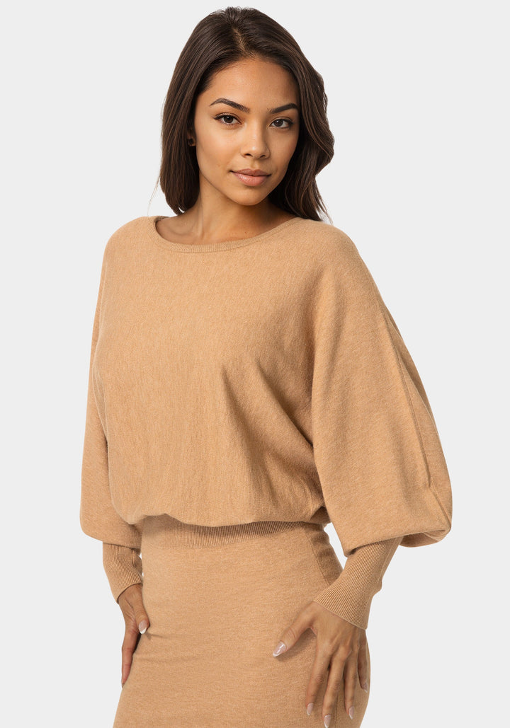Other View-Scoop Neck Blouson Sweater Midi Dress-CAMEL
