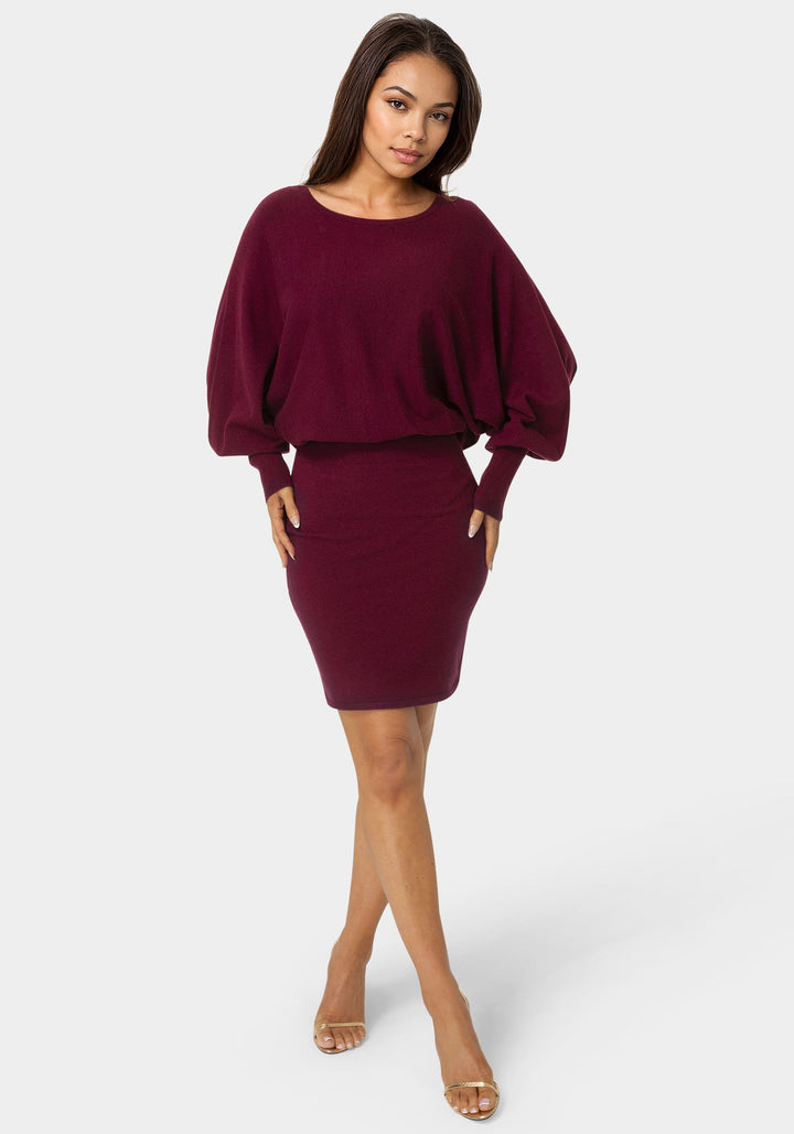 Front View-Scoop Neck Blouson Sweater Midi Dress-WINE