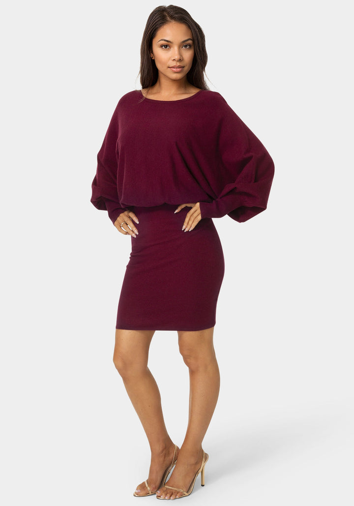 Side View-Scoop Neck Blouson Sweater Midi Dress-WINE