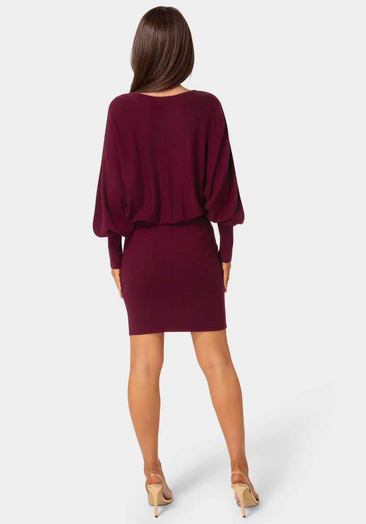 Back View-Scoop Neck Blouson Sweater Midi Dress-WINE