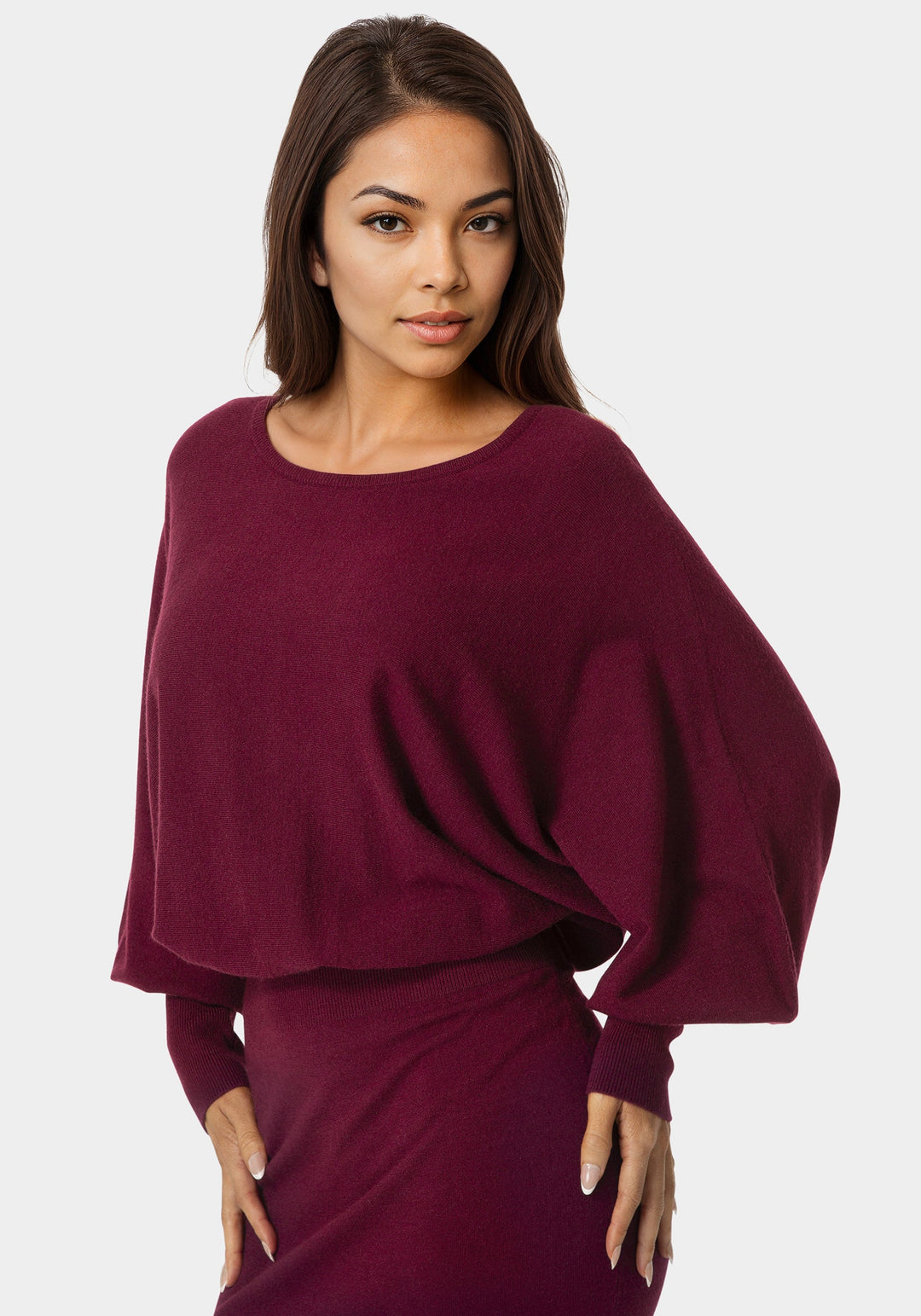 Other View-Scoop Neck Blouson Sweater Midi Dress-WINE
