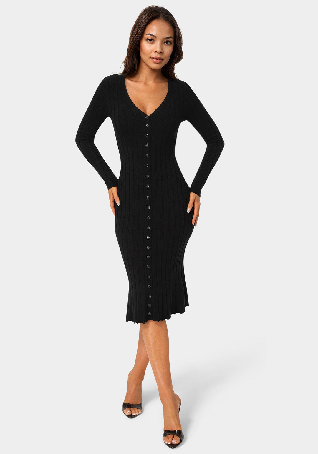 Front View-Button Front V-Neck Sweater Midi Dress-BLACK