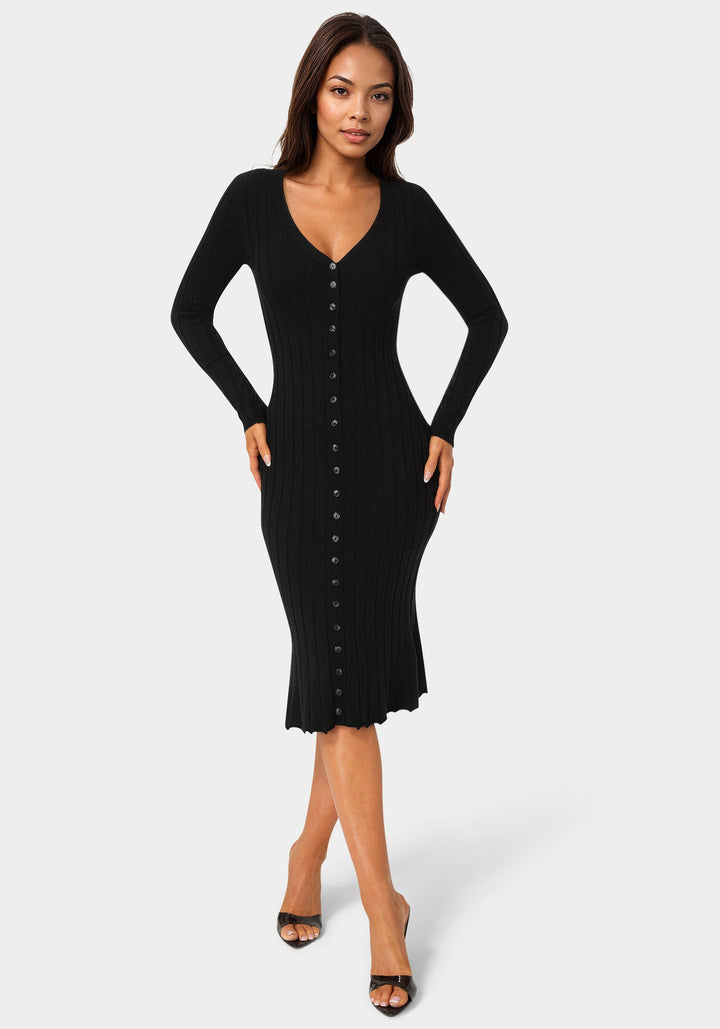 Front View-Button Front V-Neck Sweater Midi Dress-BLACK
