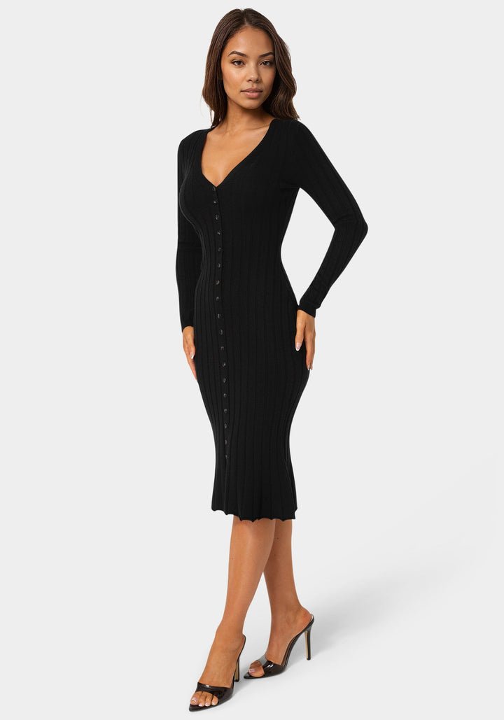 Side View-Button Front V-Neck Sweater Midi Dress-BLACK