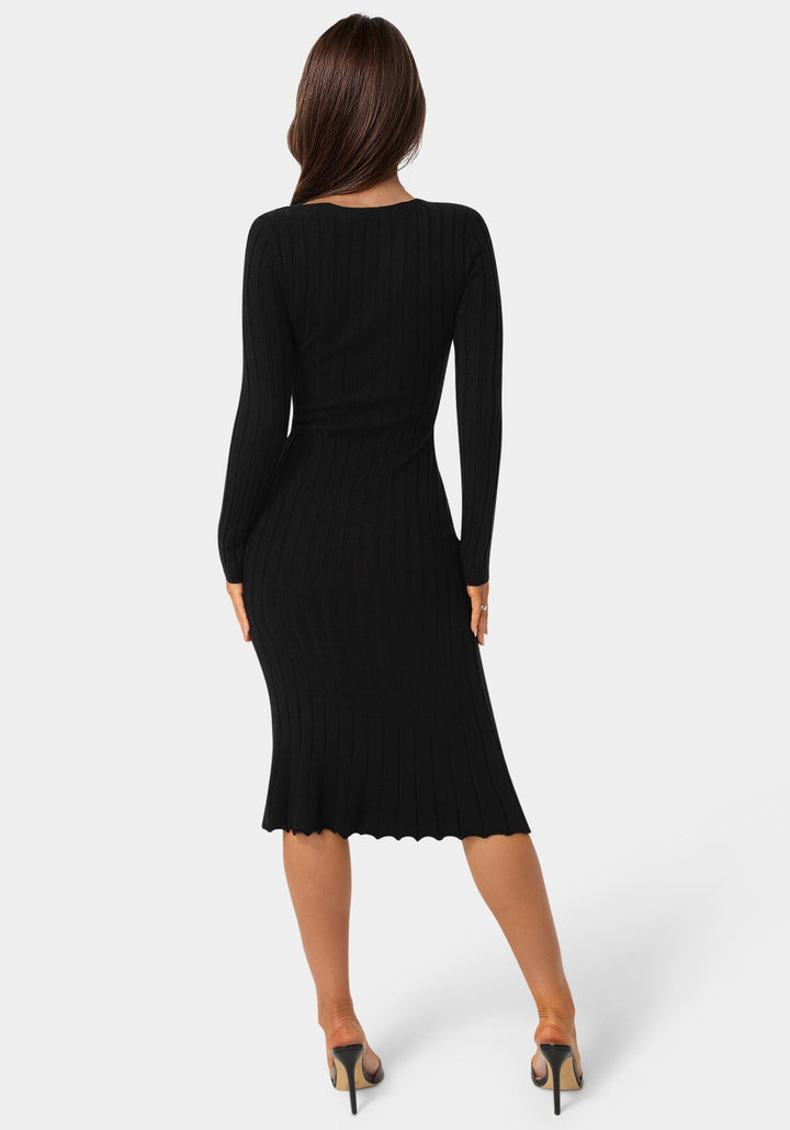 Back View-Button Front V-Neck Sweater Midi Dress-BLACK