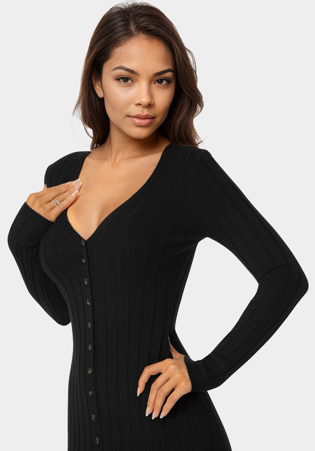 Button Front V-Neck Sweater Midi Dress bebe Button Front V-Neck Sweater Midi Dress bebe