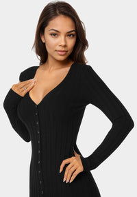Other View-Button Front V-Neck Sweater Midi Dress-BLACK