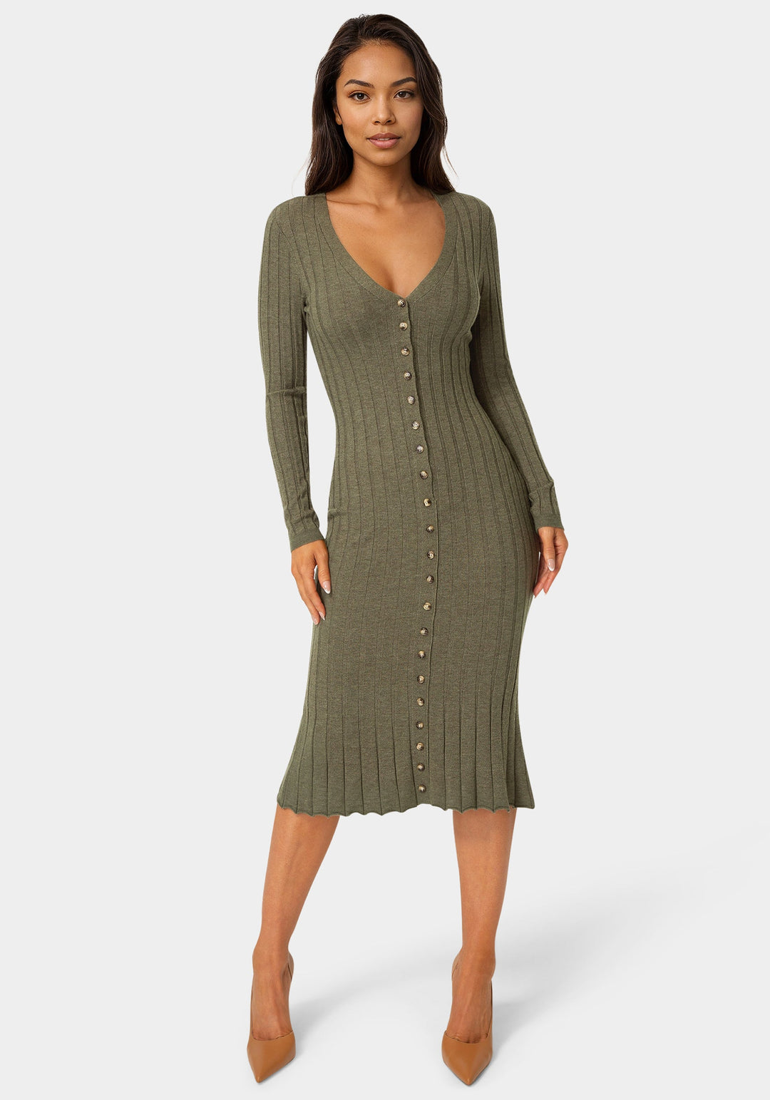 Front View-Button Front V-Neck Sweater Midi Dress-OLIVE
