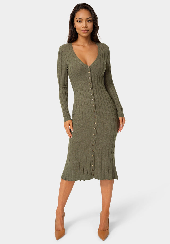 Front View-Button Front V-Neck Sweater Midi Dress-OLIVE