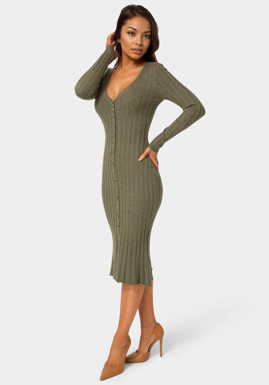 Side View-Button Front V-Neck Sweater Midi Dress-OLIVE