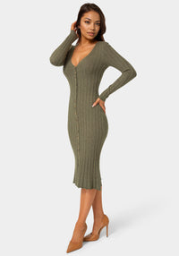 Side View-Button Front V-Neck Sweater Midi Dress-OLIVE