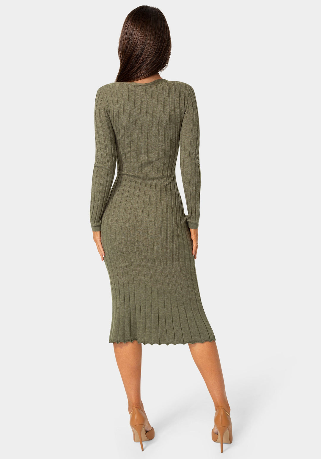 Back View-Button Front V-Neck Sweater Midi Dress-OLIVE