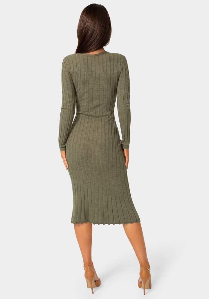Back View-Button Front V-Neck Sweater Midi Dress-OLIVE