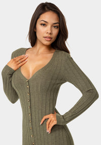 Other View-Button Front V-Neck Sweater Midi Dress-OLIVE