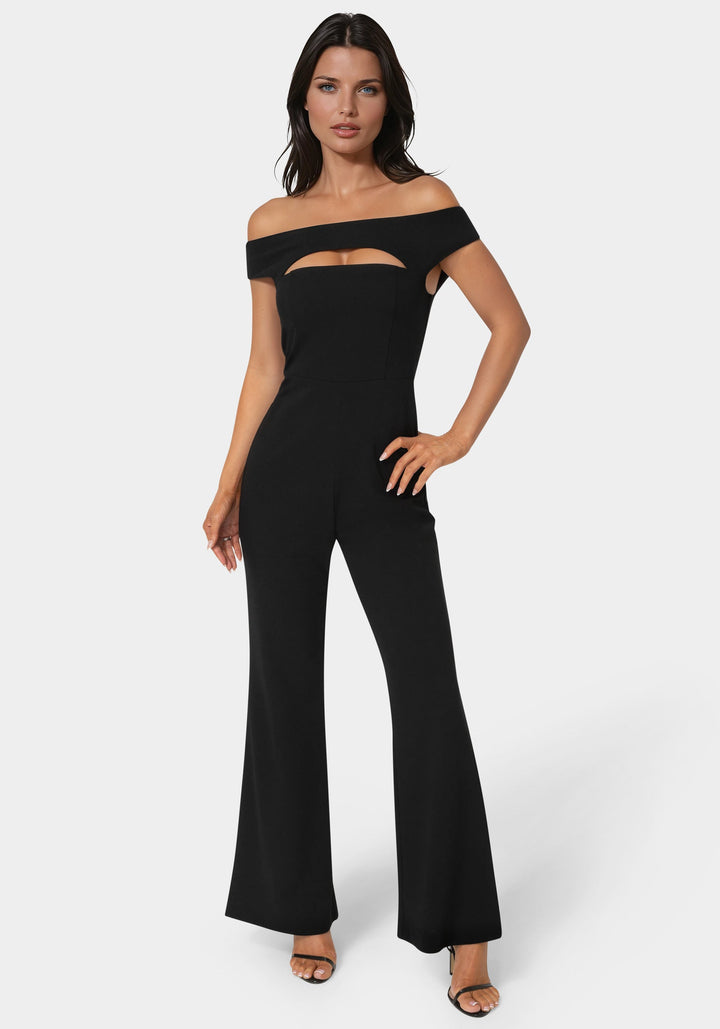 Front View-Bare Cutout Wide Leg Jumpsuit-BLACK