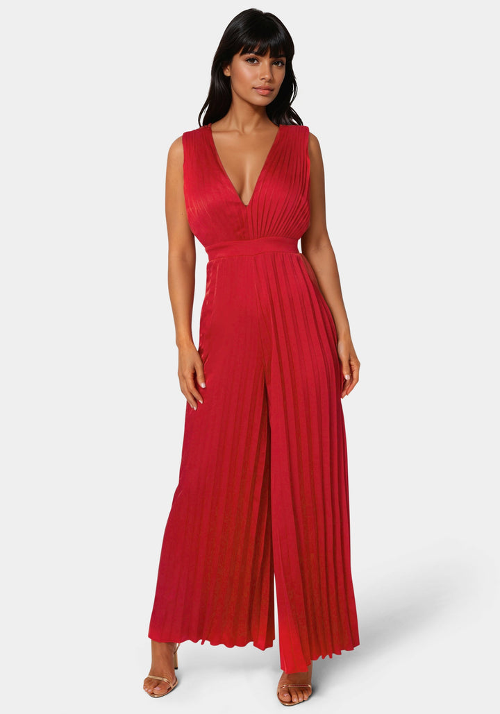 Front View-Bare Deep V Pleated Satin Jumpsuit-RED