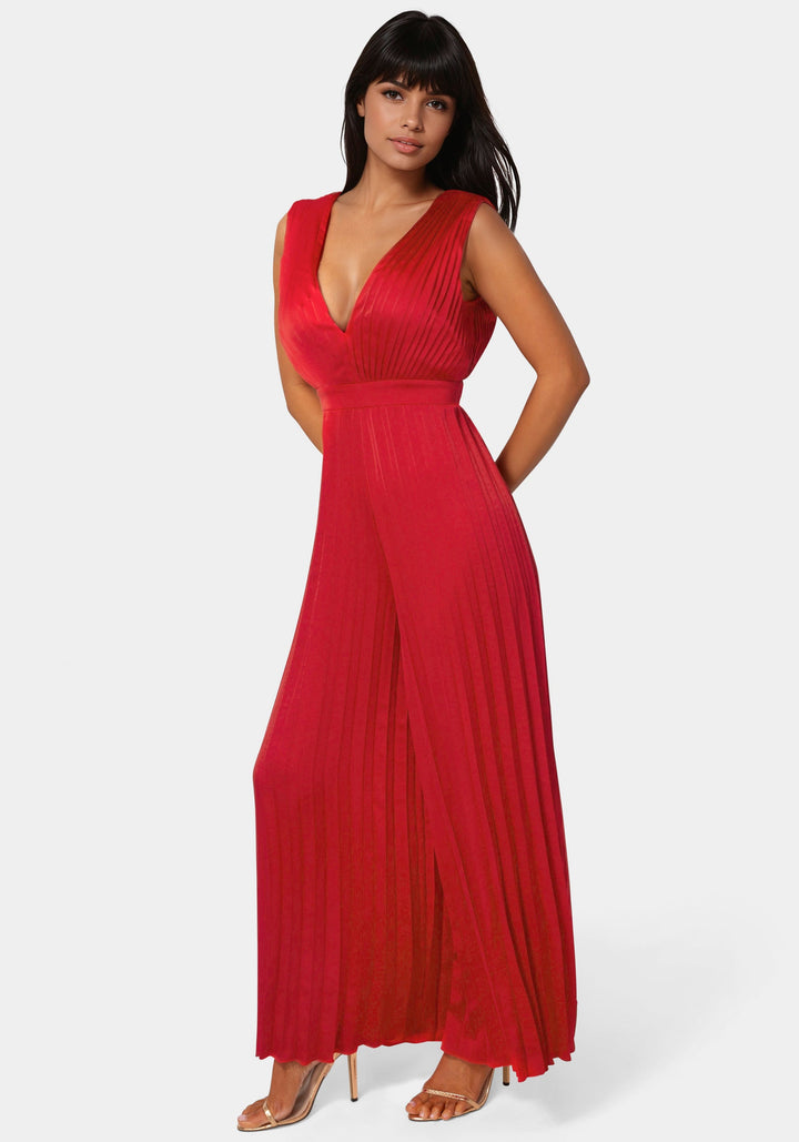 Side View-Bare Deep V Pleated Satin Jumpsuit-RED