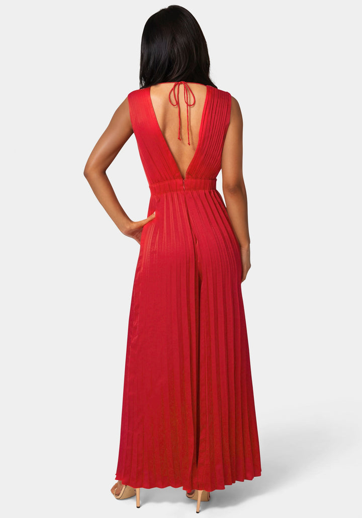 Back View-Bare Deep V Pleated Satin Jumpsuit-RED