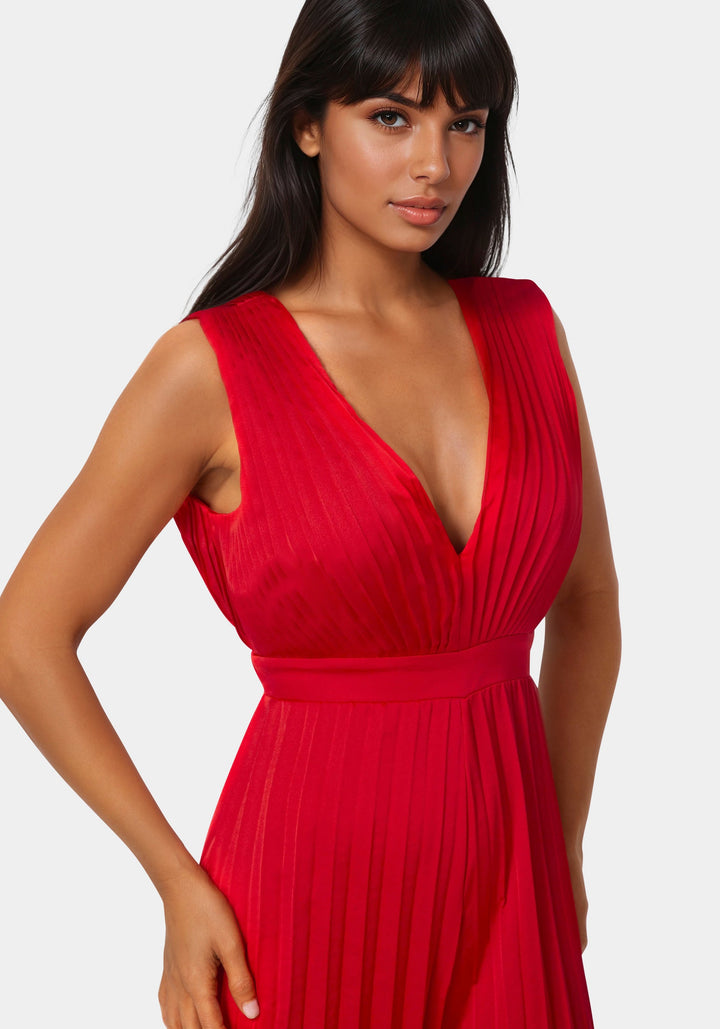Other View-Bare Deep V Pleated Satin Jumpsuit-RED