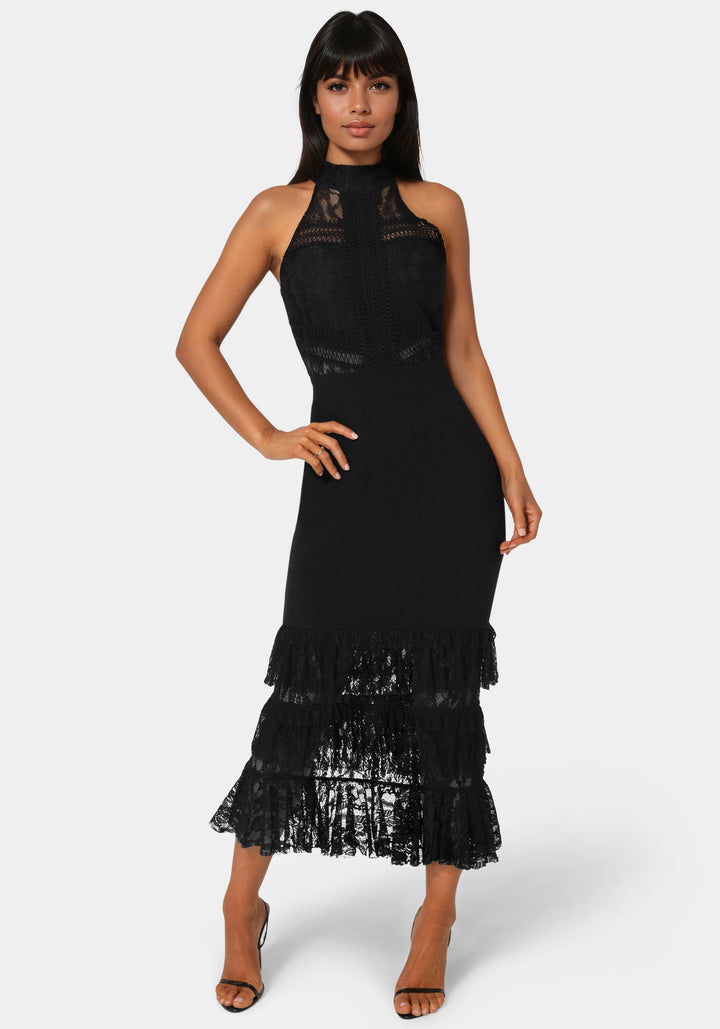 Front View-Halter Tiered Lace Midi Dress-BLACK