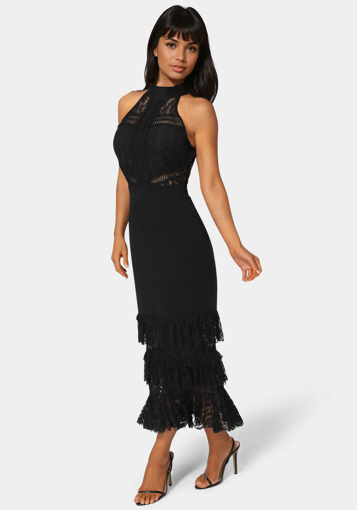 Side View-Halter Tiered Lace Midi Dress-BLACK