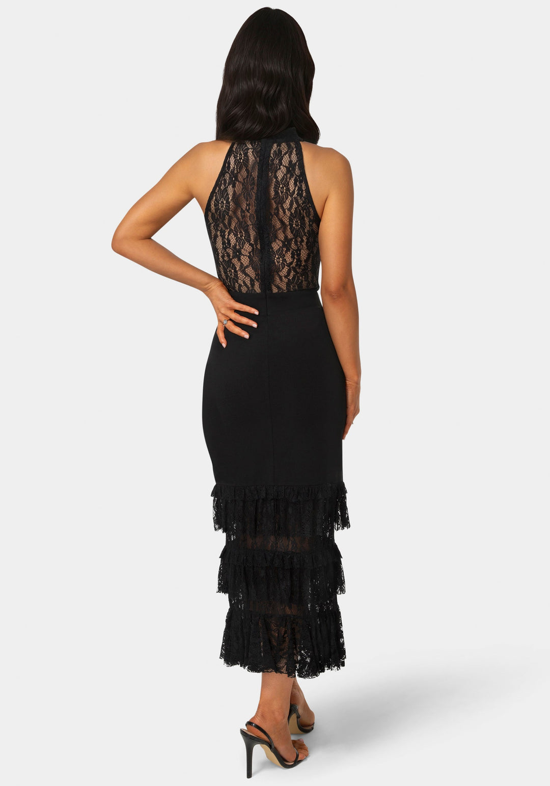 Bebe Women's Halter Tiered Lace Midi Dress - Black Bebe Women's Halter Tiered Lace Midi Dress - Black