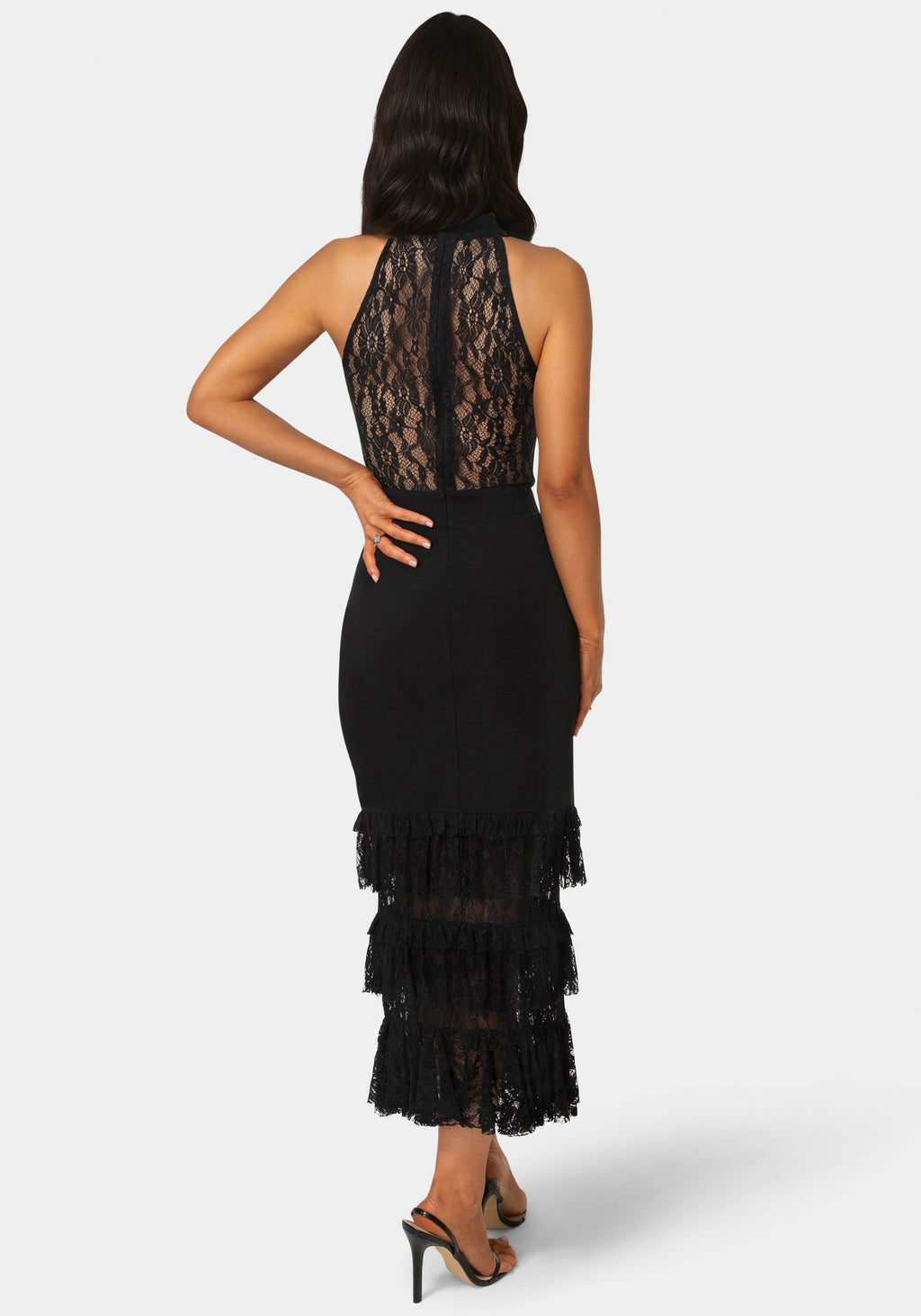 Back View-Halter Tiered Lace Midi Dress-BLACK