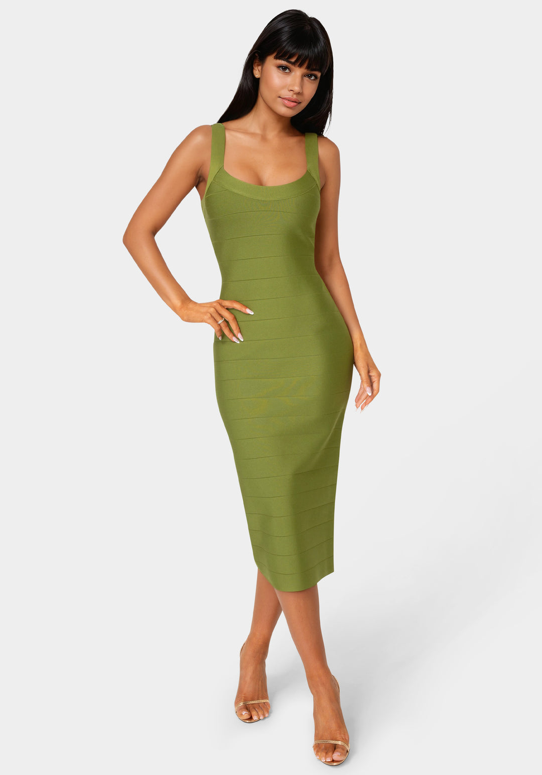 Front View-Bandage Midi Tank Dress-OLIVE
