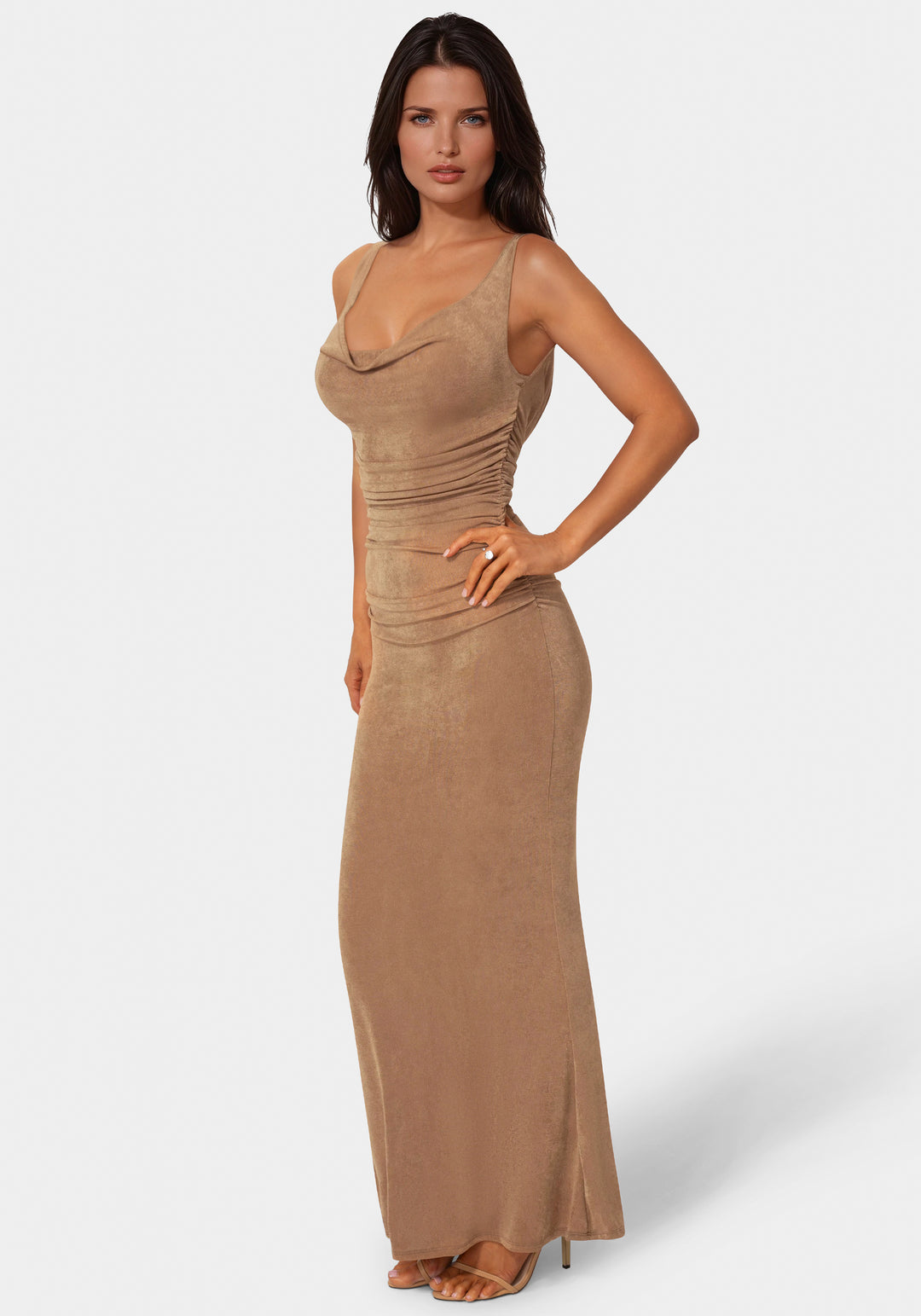 Side View-Slinky Cowl Shirred Maxi Dress-Bronze