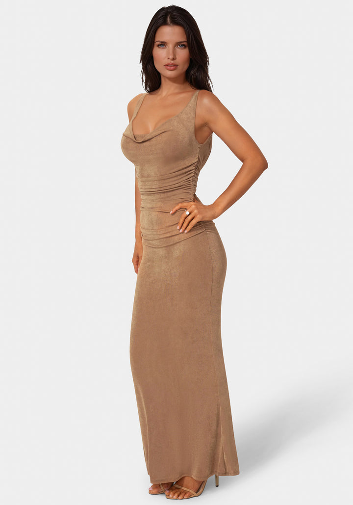 Side View-Slinky Cowl Shirred Maxi Dress-Bronze