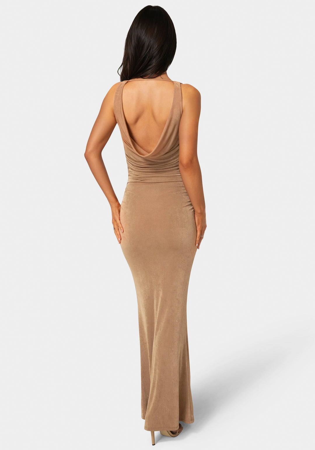 Back View-Slinky Cowl Shirred Maxi Dress-Bronze