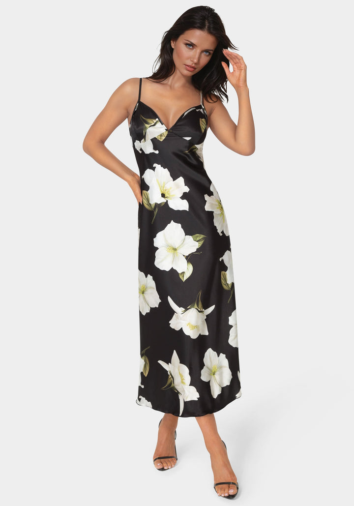 Front View-Printed Satin V-Neck Maxi Dress-BLACK/IVORY