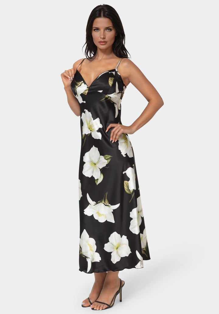 Side View-Printed Satin V-Neck Maxi Dress-BLACK/IVORY