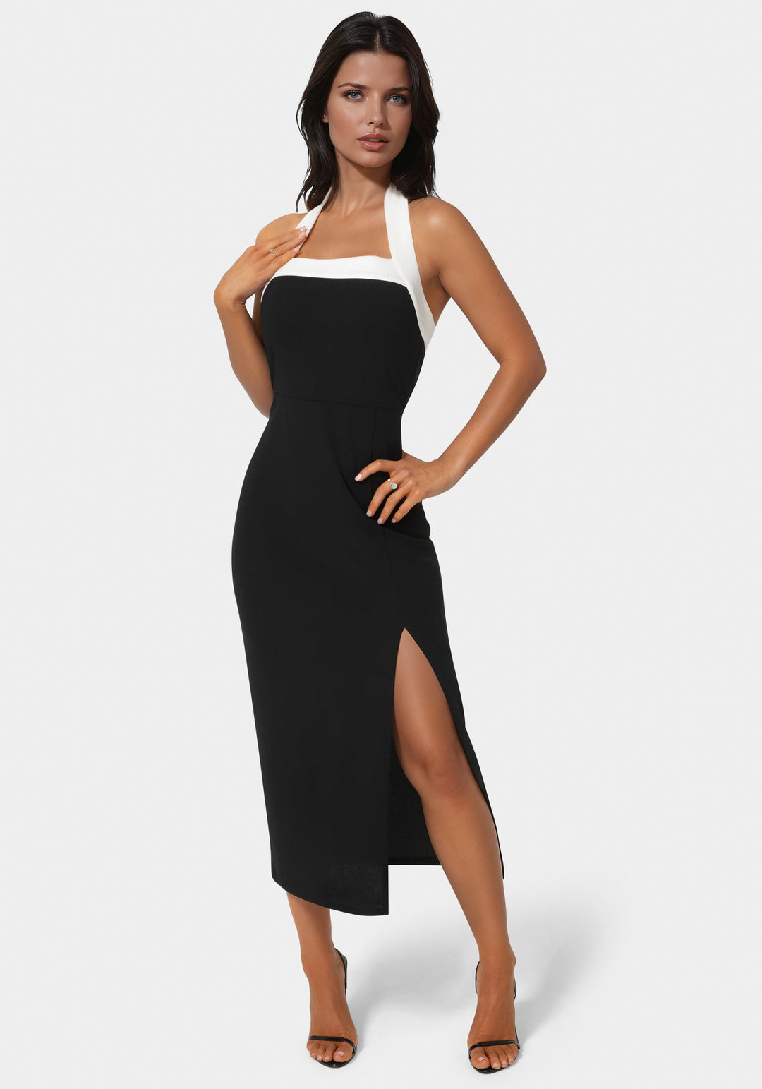 Front View-Colorblock Halter Neck Midi Dress-BLACK/WHITE