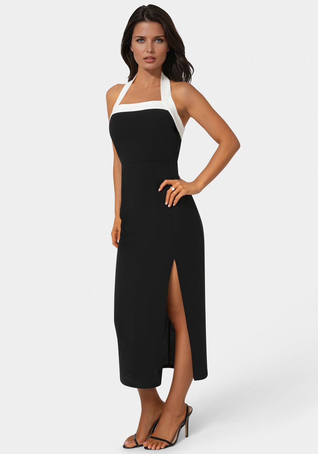 Side View-Colorblock Halter Neck Midi Dress-BLACK/WHITE